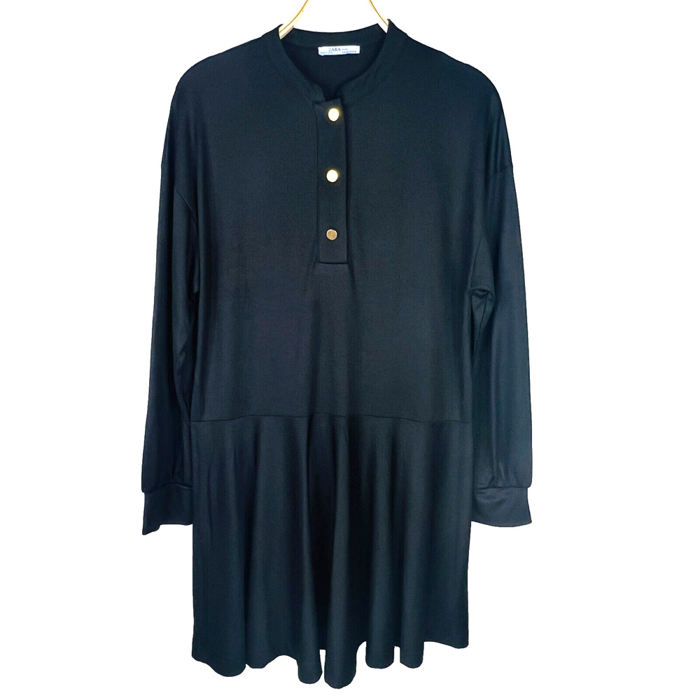 Zara Size Small Jaquared Drop Waist Brass Button Long Sleeve‎ Black Swing Dress